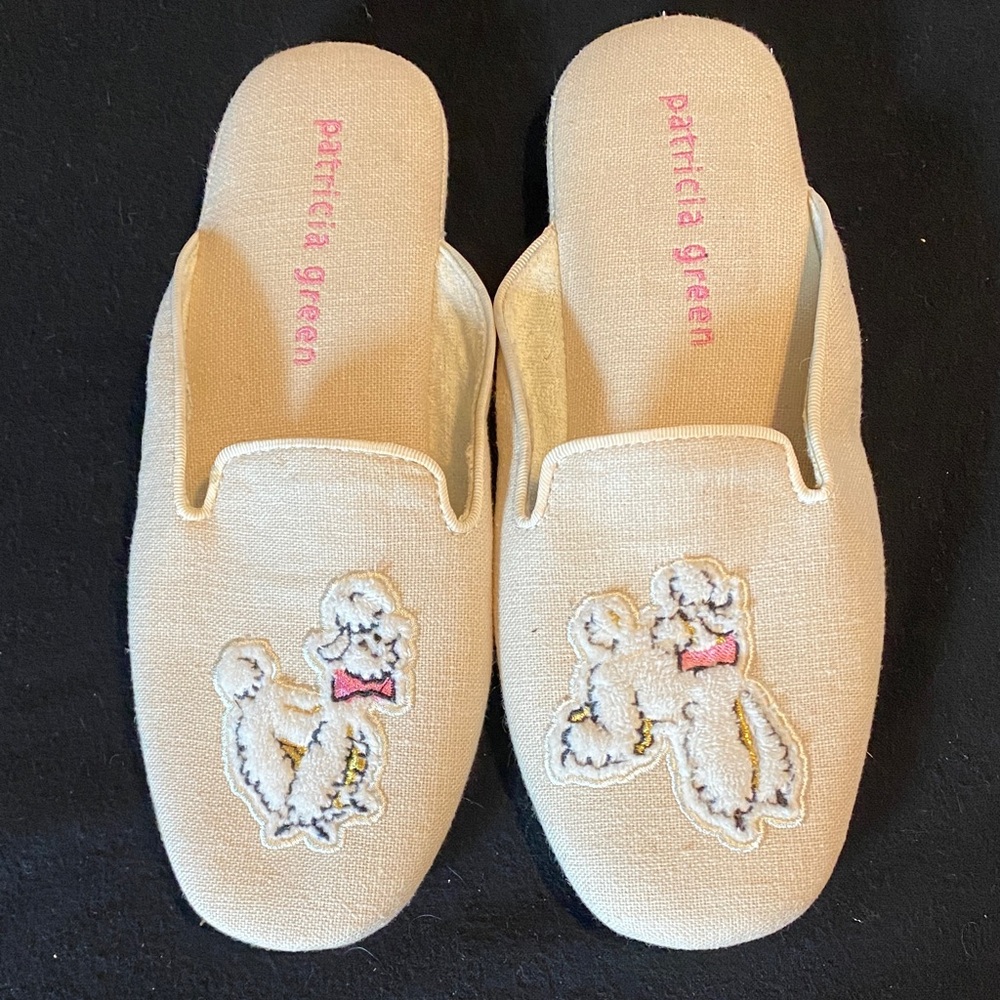 Patricia Green Cream Embroidered Poodle Slip-Ons